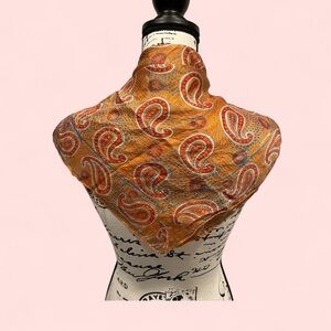 Cute 70s groovy orange turquoise paisley silk scarf square head neck wrap luxury